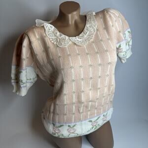 Vintage Sweater Loft Floral Pink Lace Short Sleeve Sweater L Grandma Cottage